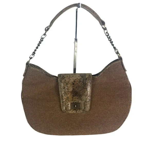 Worth Patent Leather Snakeskin Print Foldover Button Top Handle Fabric Wool Bag - Picture 1 of 12